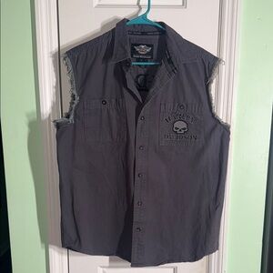 Harley Davidson Gray Sleeveless Willie G Skull Button Down Shirt Vest Size Large
